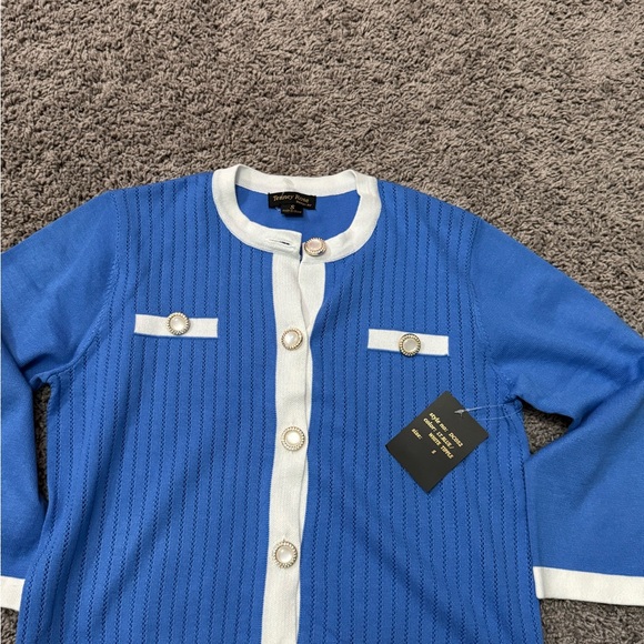 Tenney Rose NY Sweaters - Tenney Rose Design NY Blue and White Cardigan with Button Accents NWT